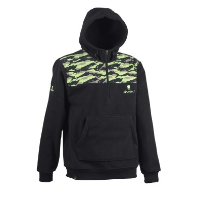 Sweatshirt preto com capuz e padrão camuflado verde claro e escuro