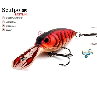 Isca de pesca vermelha e preta com anzóis triplos e lábio alongado