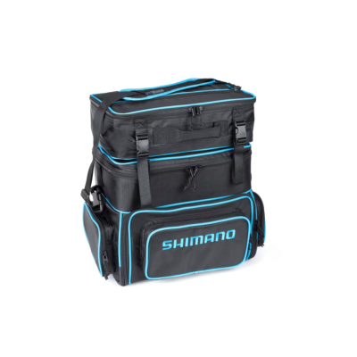 Mochila preta com detalhes azuis e texto SHIMANO em branco