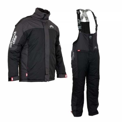 Conjunto de casaco e calças pretas com alças para atividades outdoor