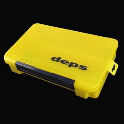 Caixa organizadora amarela com tampa translúcida e fecho preto com logo 'deps'