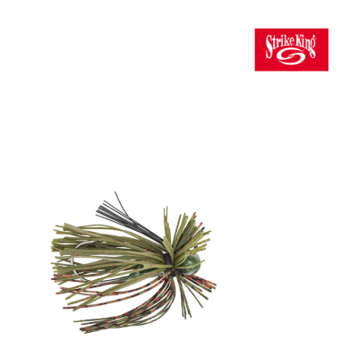 Isca de pesca verde com detalhes vermelhos e pretos da Strike King num fundo branco
