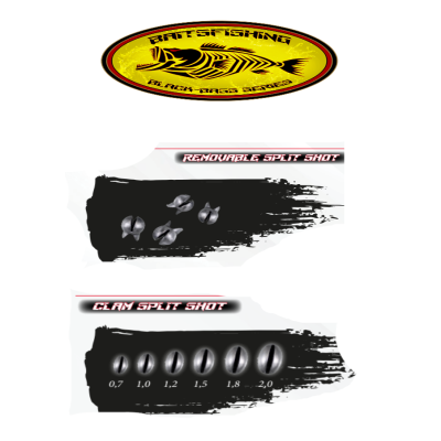 Logótipo BAY'S FISHING BLACK CARP SERIES e imagens de acessórios de pesca metálicos com pesos