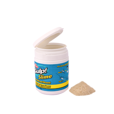 Frasco branco aberto com pó beige e rótulo azul Gulp! Slime