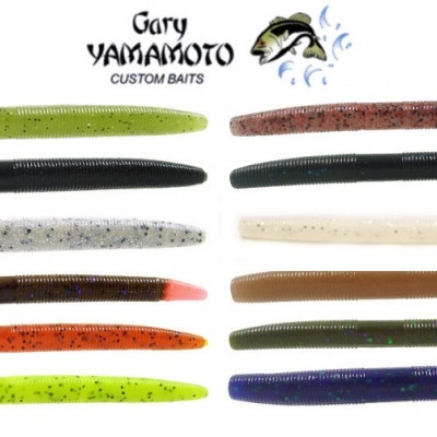 Isco artificial cilíndrico em várias cores e o logotipo Gary YAMAMOTO CUSTOM BAITS