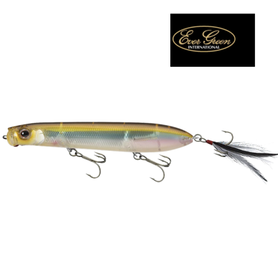 Isco de pesca tipo plug dourado e prateado com três anzóis e cauda de penas pretas