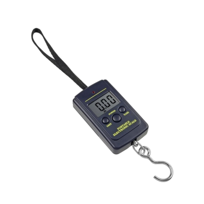 Balança eletrónica portátil preta com ecrã digital e gancho metálico