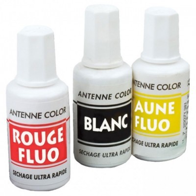 Três frascos de tinta fluorescente ANTENNE COLOR em vermelho, branco e amarelo