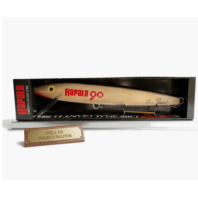 Isca de pesca Rapala 90 de madeira clara em caixa preta com placa de colecionador