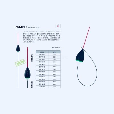 Boias de pesca RAMBO pretas com detalhes vermelhos e verdes, tabela de códigos e pesos, fundo azul claro.