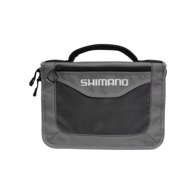 Bolsa de armazenamento cinzenta e preta com alça e texto SHIMANO