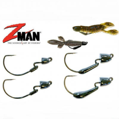 Anzóis com cabeças de jig e iscos artificiais tipo lagosta em fundo branco com logótipo Z-MAN.