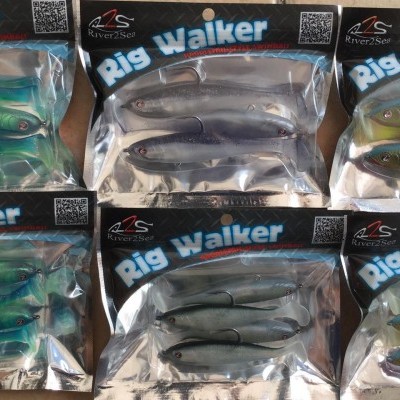 Seis embalagens de iscos de pesca Rig Walker com iscos coloridos visíveis
