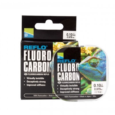 Linha de pesca fluorocarbon REFLO FLUORO CARBON em embalagem preta com rótulo azul e imagem de peixe.