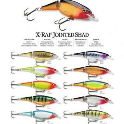 Vários iscos de pesca X-RAP JOINTED SHAD coloridos expostos com texto descritivo técnico