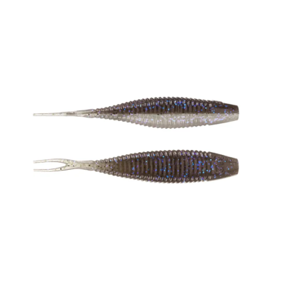 Isco de pesca artificial castanho translúcido com brilho azul e cauda bifurcada