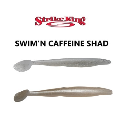 Dois iscos artificiais Strike King SWIM'N CAFFEINE SHAD, um cinza e um bege com cauda de pá