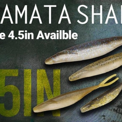 Iscos artificiais SAKAMATA SHAD em fundo cinza azul com texto e logótipo deps