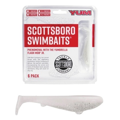 Embalagem de iscos artificiais Scottsboro Swimbaits em tons cinzentos com manchas brilhantes