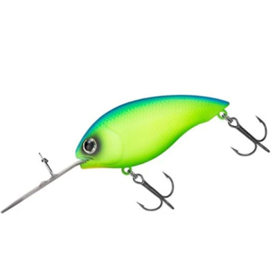 Isca de pesca verde limão com anzóis metálicos em fundo branco