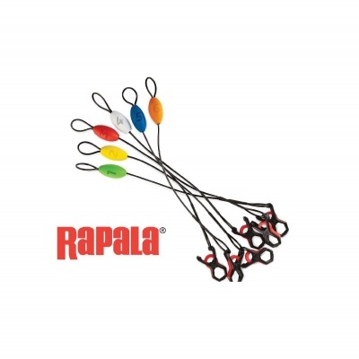 Travões de pesca Rapala coloridos com ganchos pretos e detalhes vermelhos e logotipo Rapala