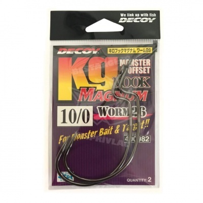 Anzóis de pesca Decoy K9 Magnum Master Offset 10/0 em embalagem com fundo roxo