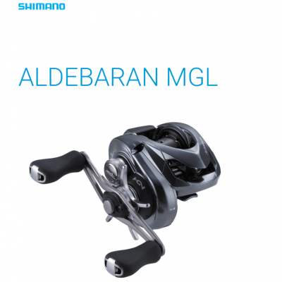 Carretel de pesca Shimano Aldebaran MGL cinzento e preto com alavancas ergonómicas