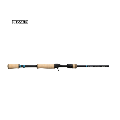 Vara de pesca G Loomis com pega em cortiça e corpo preto com detalhes azuis