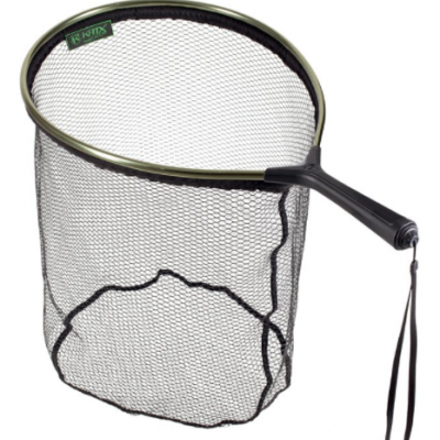 Rede de pesca com estrutura redonda verde e cabo preto com alça