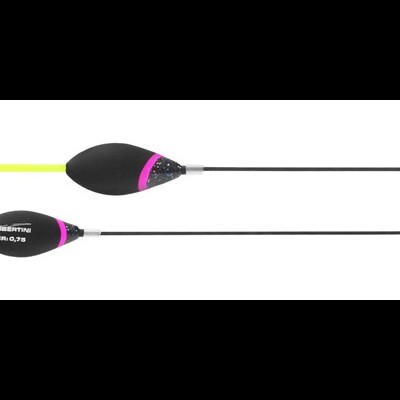 Dois flutuadores de pesca com corpo preto e detalhes coloridos