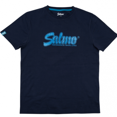T-shirt azul escura com texto Salmo PERFORMANCE FISHING LURES no peito.