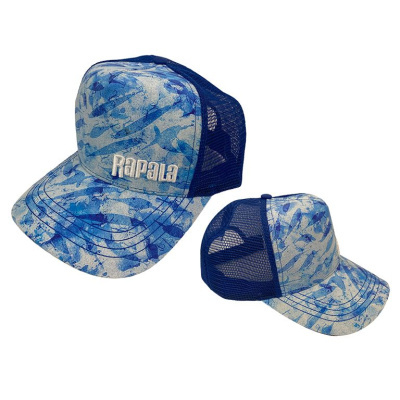 Dois bonés de rede azuis com padrão azul e branco e marca Rapala bordada