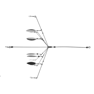Estrutura metálica de pesca com lâminas e ganchos