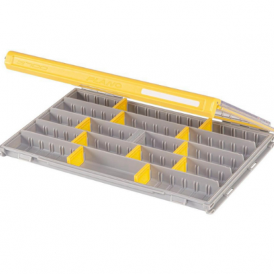 Caixa organizadora de plástico cinzento com separadores amarelos e tampa amarela