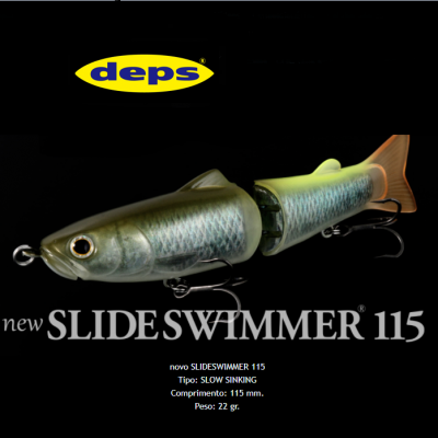 Isca artificial para pesca em forma de peixe articulado com olhos detalhados e anzóis, texto técnico visível