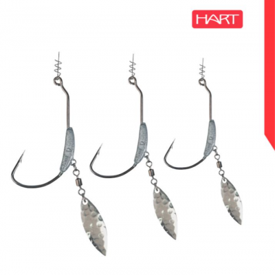 Três anzóis de pesca metálicos com lâmina prateada pendurada sobre fundo branco e logótipo HART vermelho