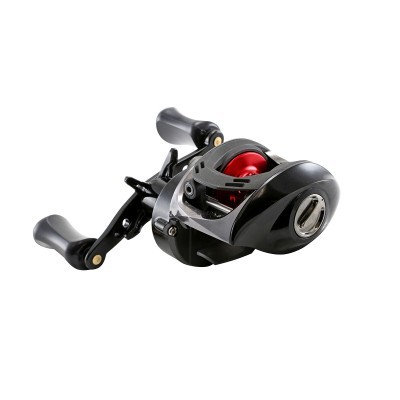 Carreto de pesca preto com bobina vermelha e duas alças pretas