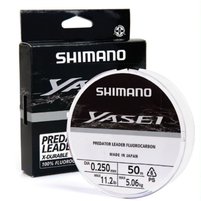 Linha de pesca fluorocarbono Shimano Yasei com embalagem preta e branca, especificações visíveis