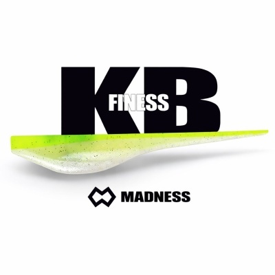 Isca de pesca verde-limão e branca com texto KB FINESS e logo MADNESS