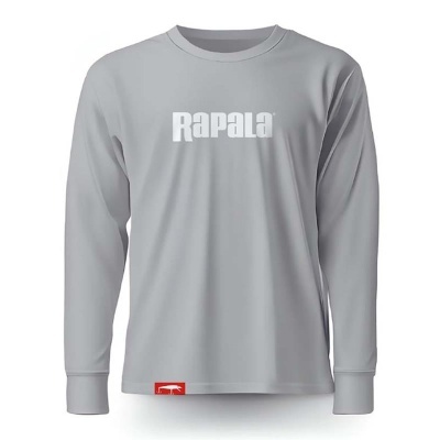 Camisola cinza clara de manga comprida com logo Rapala branco ao centro.