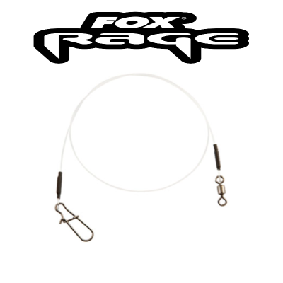 Linha ou cabo de pesca branca com fecho de metal e argola, com o texto FOX rage acima