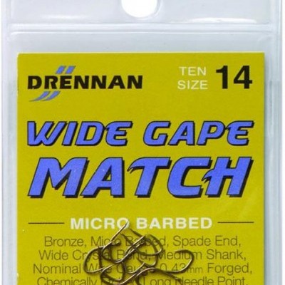 Embalagem de anzóis de pesca Drennan Wide Gape Match tamanho 14 em plástico transparente com etiqueta amarela