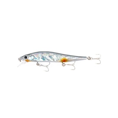 Isca de pesca prateada com três ganchos e olhos grandes.
