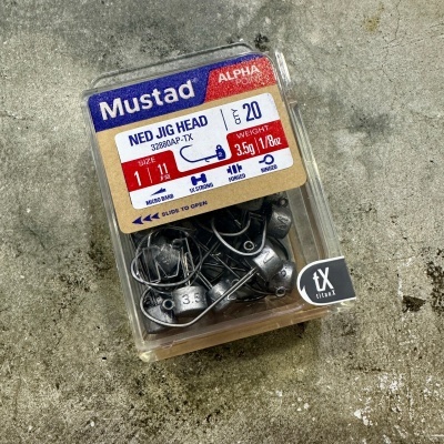 Embalagem de cabeças de anzol Mustad Ned Jig Head de metal cinza com rótulo informativo