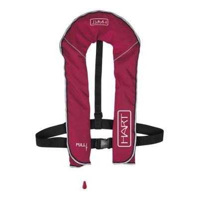 Colete salva-vidas insuflável vermelho bordô com cinto preto e texto HART e PULL
