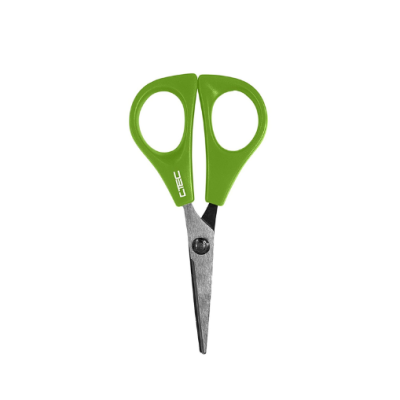 Tesoura verde com lâminas metálicas e texto CHEC