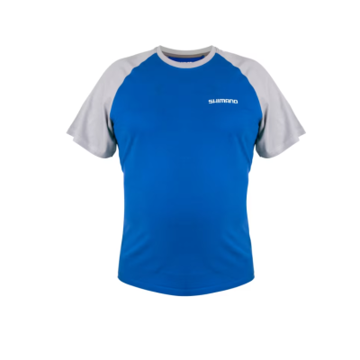 T-shirt azul com mangas cinza e texto SHIMANO no peito
