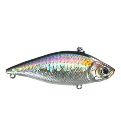 Isca de pesca artificial prateada com reflexos coloridos em forma de peixe