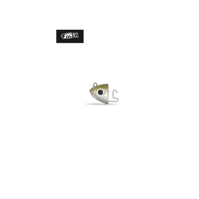 Cabeça de isco de pesca verde e prata com gancho metálico e olho preto e branco