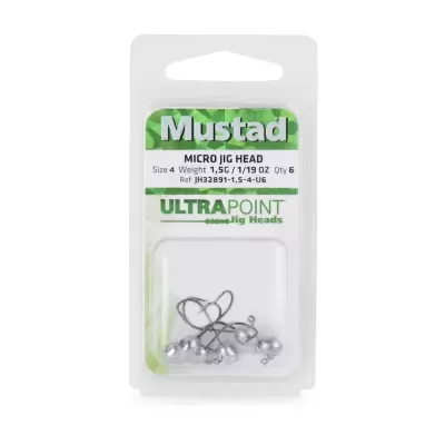 Embalagem de plástico com anzóis Mustad Micro Jig Head tamanho 4 e peso 1,5g